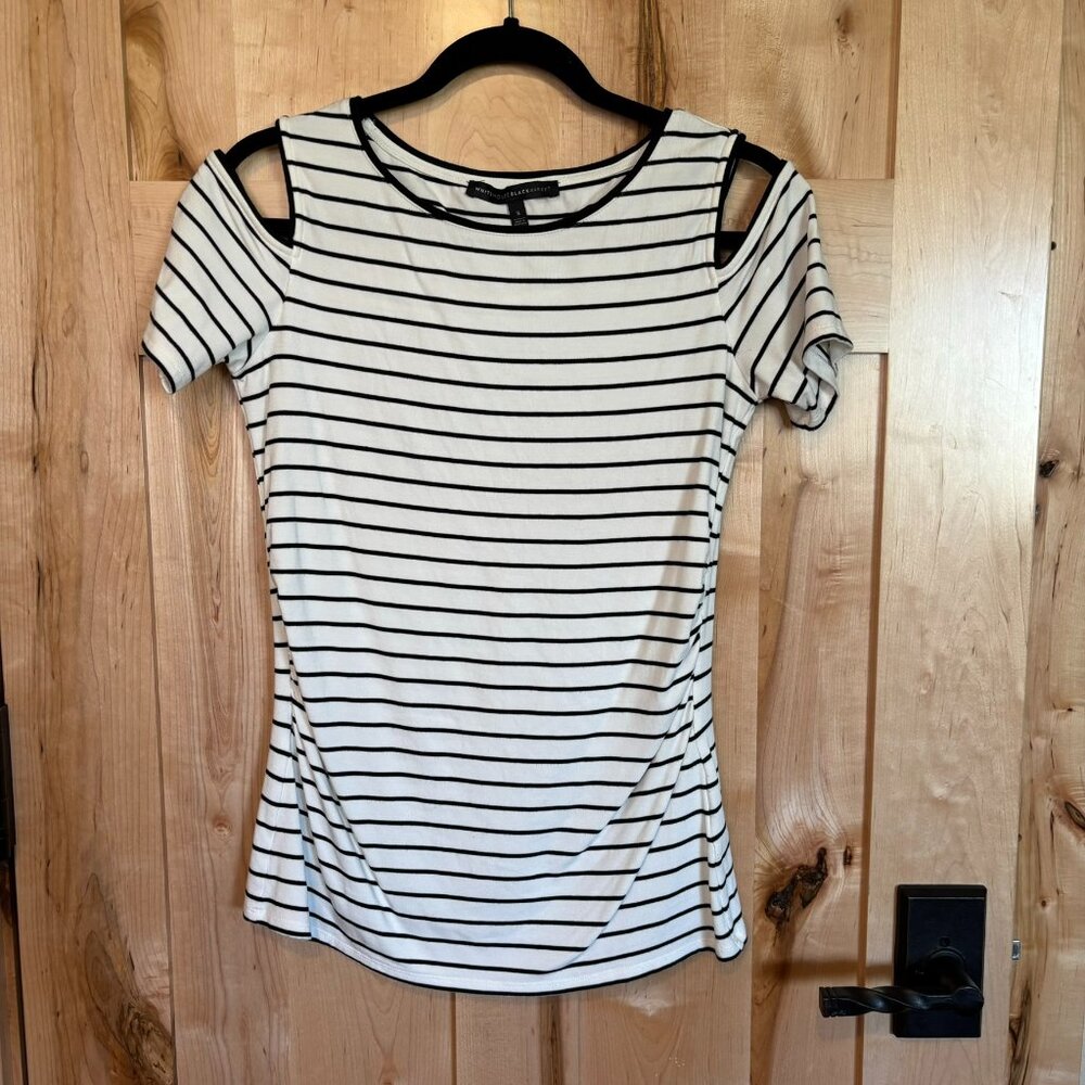 White House Black Market Cold Shoulder T Shirt S 570181582 White w Black Stripes